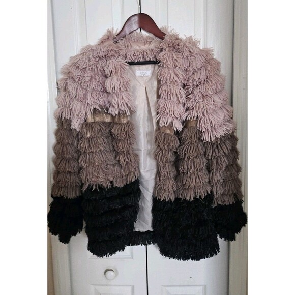 Anthropologie Sage Colorblocked Fringe Faux-Fur Multi-Color Coat Women's Size M. - Picture 1 of 11